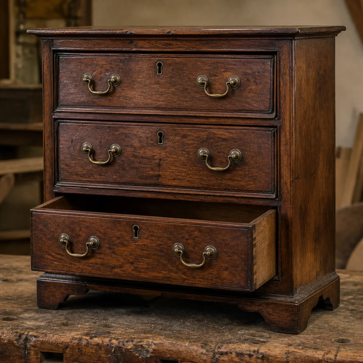 Sample antique walnut chest with aged brass drawer hardware