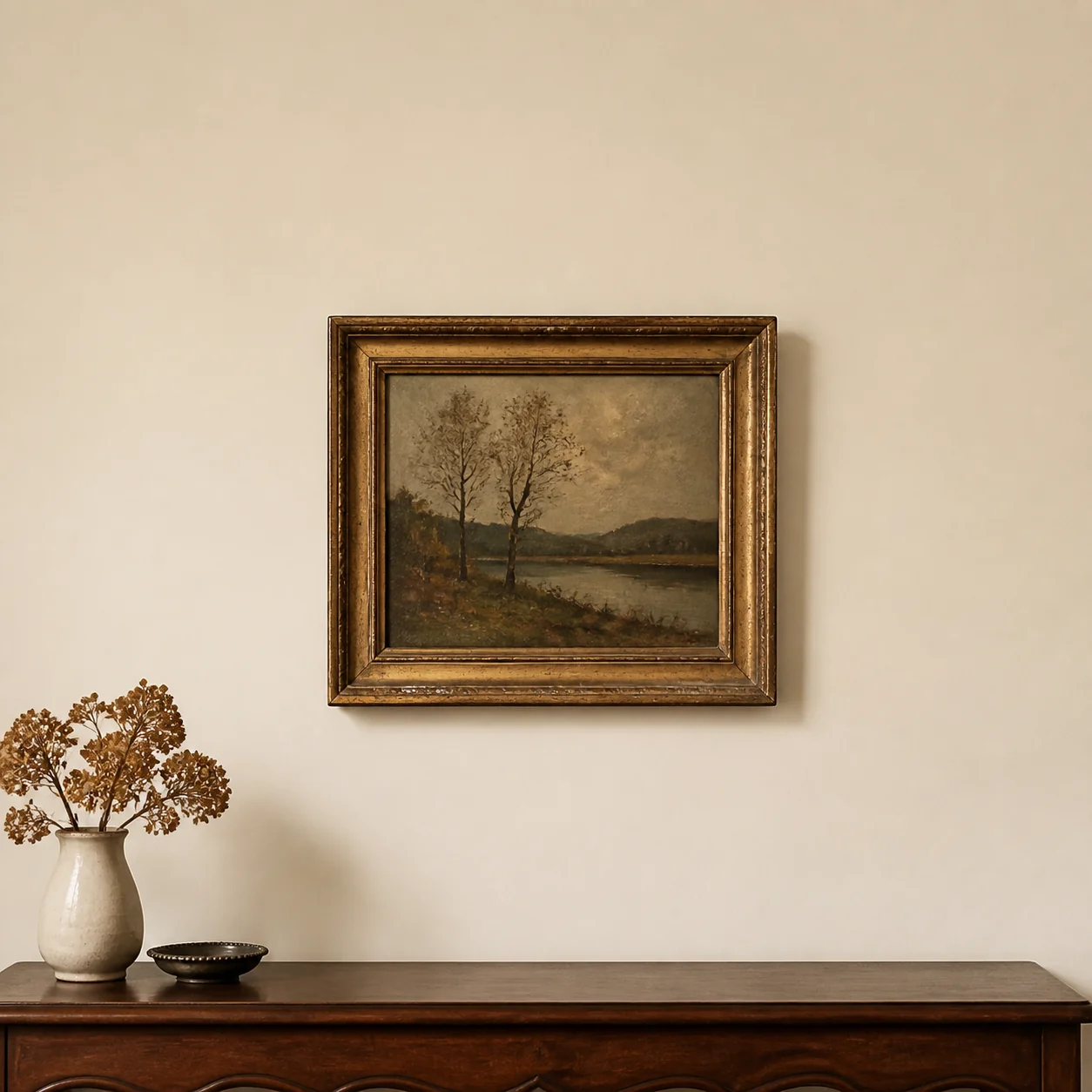 Sample framed antique landscape painting for artist signature research